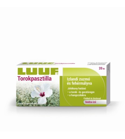 LUUF® Torokpasztilla izlandi zuzmó + fehérmályva, cinkkel és biotinnal + étrend-kiegészítő édesítőszerrel 20x