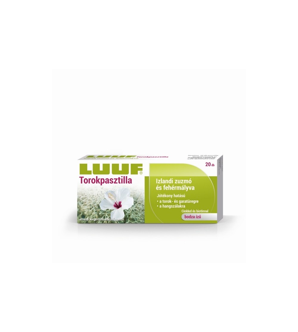 LUUF® Torokpasztilla izlandi zuzmó + fehérmályva, cinkkel és biotinnal + étrend-kiegészítő édesítőszerrel 20x