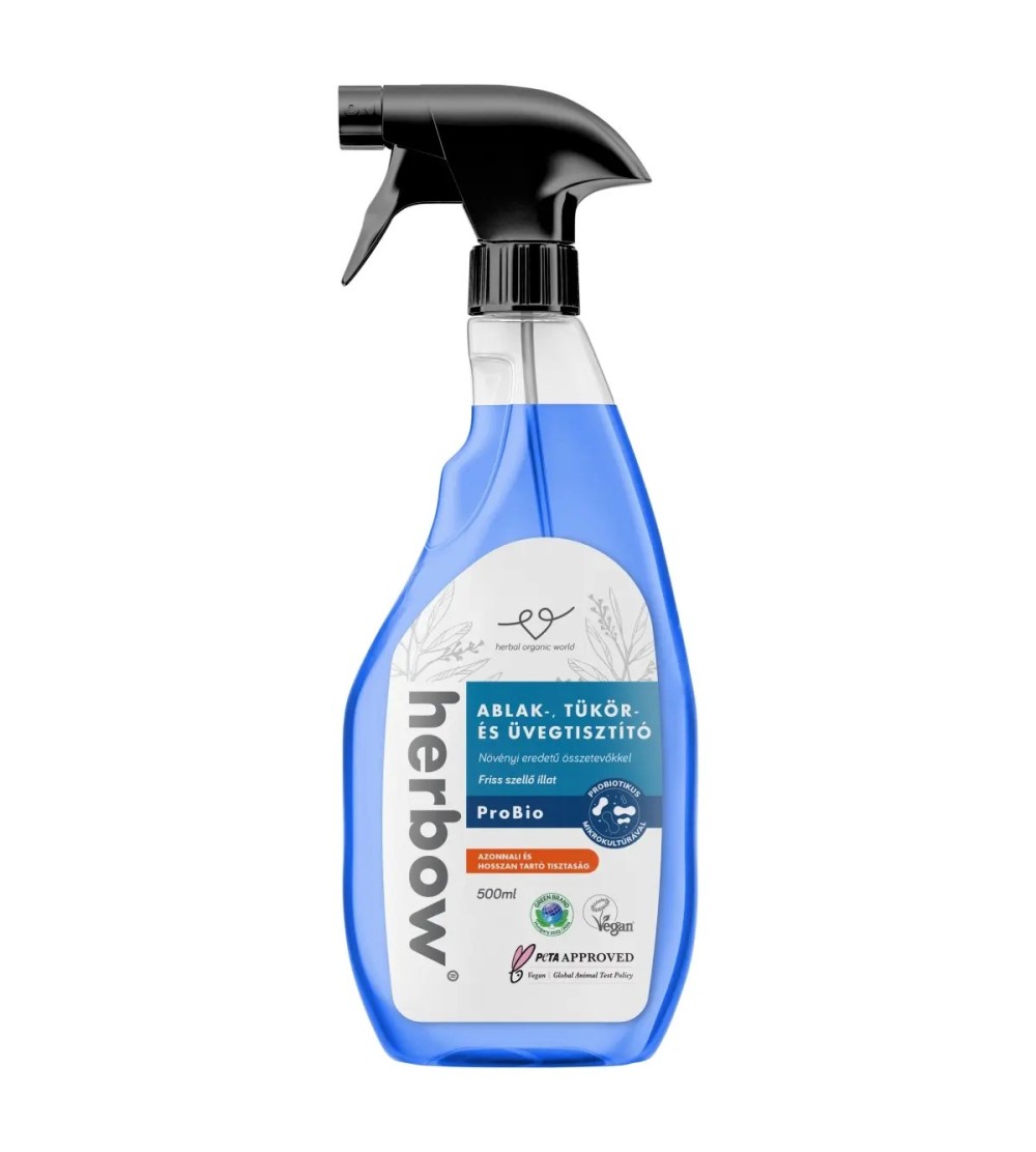 Herbow Ablak-, tükör- és üvegtisztító Probiotikus Spray & Wipe Friss szellő illattal 500ml